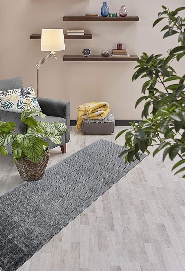15 FT Long Non-Slip Washable Carpet Runner Rug with Rubber Backing, Custom Floor Mat for Kitchen Hallway Stairs Bedroom Bathroom Entry, Bricks Anthracite Grey, Your Choice of Length, (26" X 15')