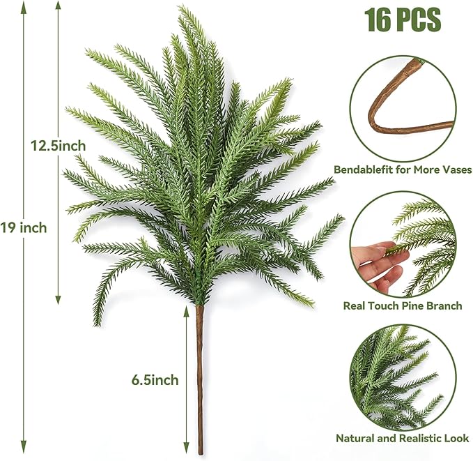 16 Pcs Norfolk Pine Stems, 19" Long Artificial Christmas Norfolk Pine Branches, Faux Greenery Stems, Real Touch Christmas Green Plants Branches for Vases, DIY Wreath, Xmas Home Decorations
