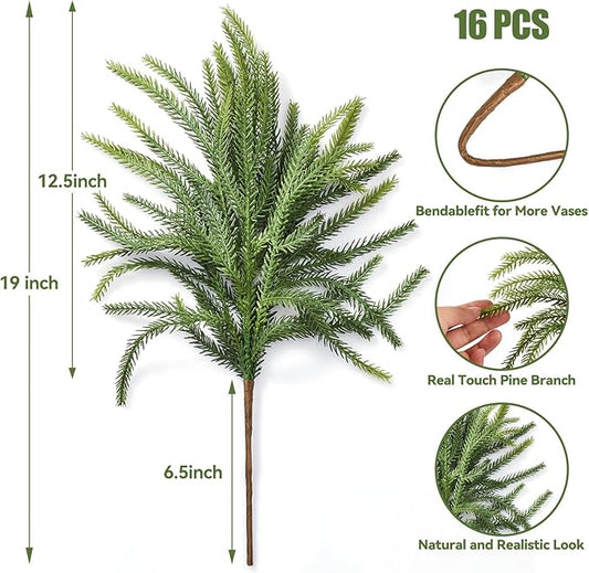 16 Pcs Norfolk Pine Stems, 19" Long Artificial Christmas Norfolk Pine Branches, Faux Greenery Stems, Real Touch Christmas Green Plants Branches for Vases, DIY Wreath, Xmas Home Decorations