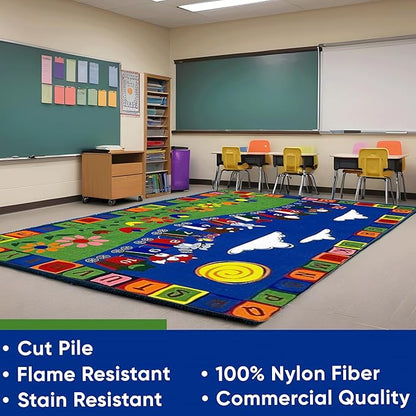 On The Train Kid's Rug, 7'6" x 12', Multicolored, Educational Classroom Rug, Kids Learning Play Mat | Area Rug for Bedroom or Playroom