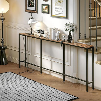 86.6" Behind Couch Table with Fast Charging Station, 7.1" Narrow Skinny Sofa Table with 2 Power Outlets, 2 USB-A, USB-C for Console Entryway, Rustic Brown