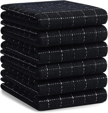 Homaxy 100% Cotton Terry Kitchen Towels(Black, 20 x 28 inches), Checkered Designed, Soft and Super Absorbent Dish Towels, Large 6 Pack
