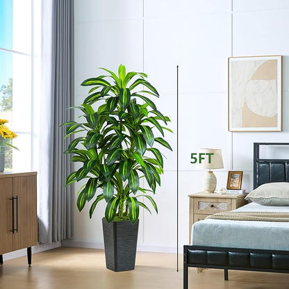 Artificial Dracaena Plant 5FT Tall - Fake Tree with Black Planter - Faux Yucca Tall Fake Floor Plant in Pot - Artificial Trees for Home Bedroom Office Indoor Living Room Decoration