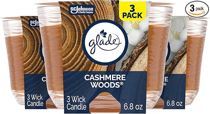 Glade Cashmere Woods, Fragrance Candle Infused with Essential Oils, Air Freshener, 3-Wick Candle, 6.8 Oz, 3 Count
