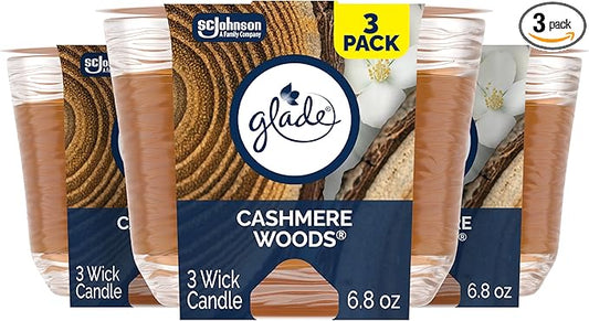 Glade Cashmere Woods, Fragrance Candle Infused with Essential Oils, Air Freshener, 3-Wick Candle, 6.8 Oz, 3 Count