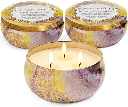 3-Pack Large 3-Wick Tin Candle Set, 14oz Each — White Tea & Sage, Vanilla Amber, Cashmere Cedar — Luxury Strong-Throw Aromatherapy Candles in Gift Gold 6.3 x 7.09 in