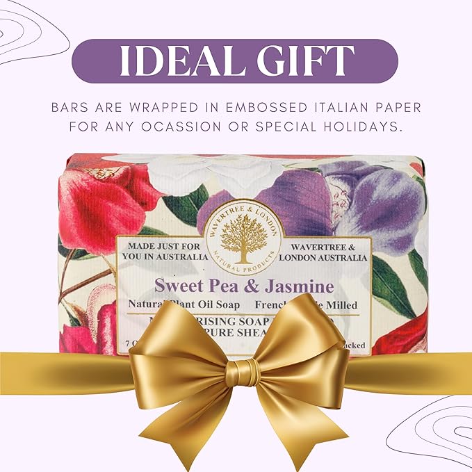 Wavertree & London Sweet Pea & Jasmine Scented Natural Soap Bar, 7oz Moisturizing French Triple Milled Soap Bar for Women & Men Enriched with Organic Shea Butter, Pure Bath & Body Soap (1 Bar)