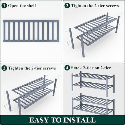 Smiry Shoe Rack, 4 Tier Thick Bamboo Shoe Organizer, Stackable Free Standing Wooden Shoe Storage Shelf for Closet, Entryway, Front Door Entrance, Grey