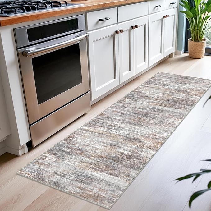 KOZYFLY Modern Abstract Kitchen Runner Rug, 2x6 Washable Rug Runner Non-Slip Soft Striped Hallway Runner Rugs, Multi Grey Print Carpet Runner for Entryway Bathroom Laundry Room Foyer