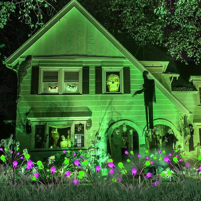 6Pack Total 48LED Purple Orange and Green Spider Solar Halloween Lights Outdoor - Solar Firefly Lights Outdoor, Sway by Wind, Waterproof for Garden Patio Pathway Halloween Decorations