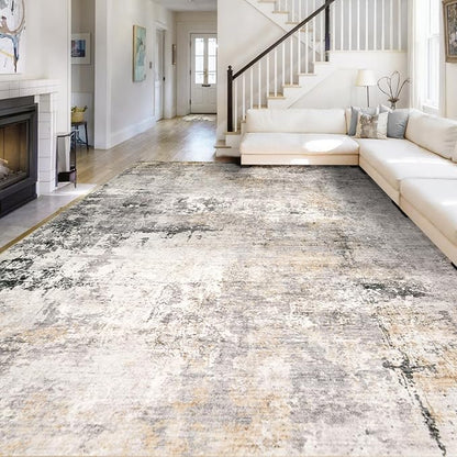 Area Rug Living Room Rugs - 9x12 Modern Abstract Soft Indoor Neutral Washable Rug Stain Resistant Non-Slip Low Pile Carpet for Bedroom Dining Room Home Office - Charcoal Grey