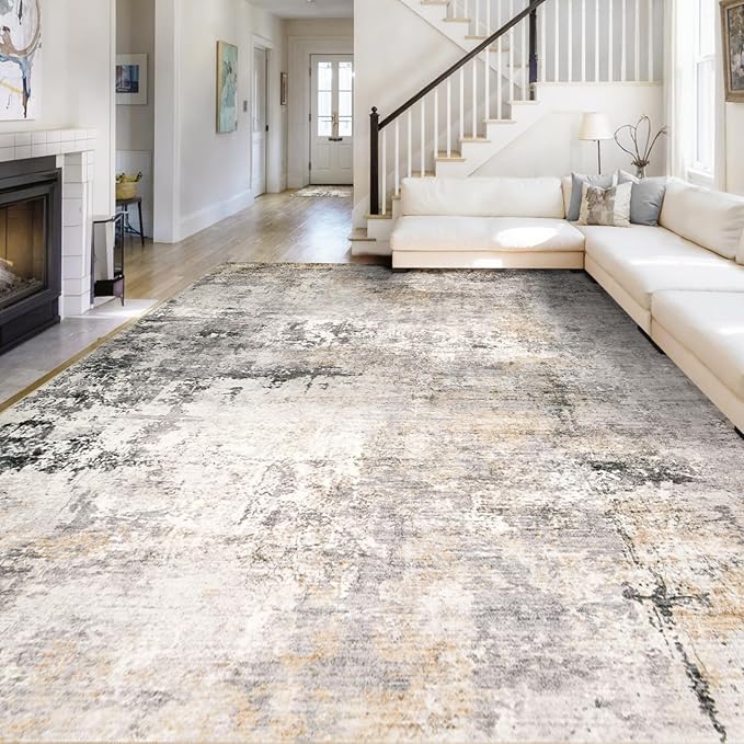 Area Rug Living Room Rugs - 10X14 Modern Abstract Soft Indoor Neutral Washable Rug Stain Resistant Non-Slip Low Pile Carpet for Bedroom Dining Room Home Office - Charcoal Grey