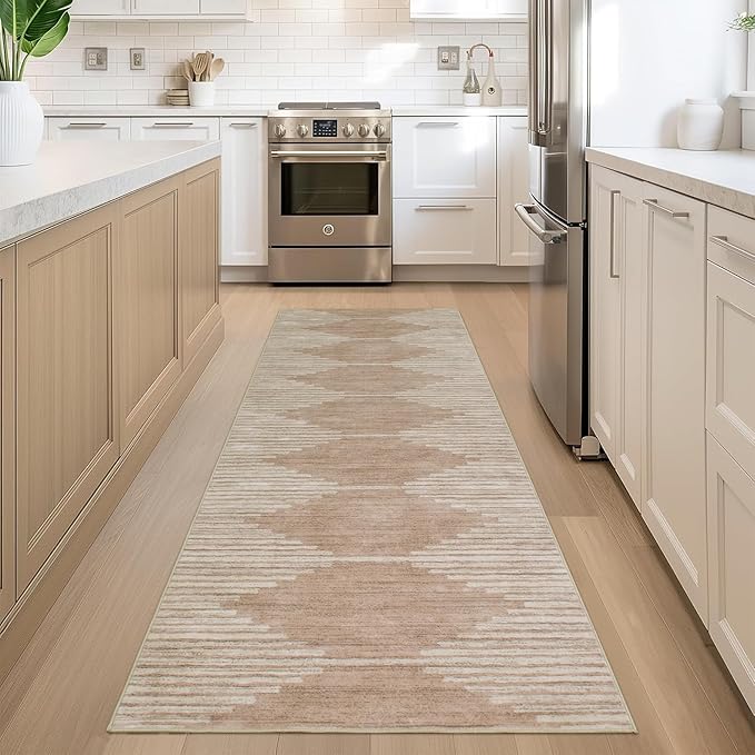 HelloTree Hallway Runner Rug,2.6x8 Moroccan Modern Stripe Carpet Washable Machine Bathroom Runner Bohemian Modern Soft Non Slip Indoor Rug for Entryway Hallway Laundry Room Bedroom-Pink&Khaki