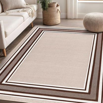 Beverly Rug Non Slip Area Rugs 8x10 Modern Bordered Non Skid Rubber Backing Soft Area Rug for Living Dining Room Easy to Clean Non Shedding Kitchen Bedroom Indoor Carpet 8 x 10 Beige-Brown