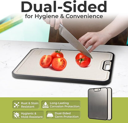 Titanium Cutting Board Double-Sided for Kitchen with Knife Sharpener – Large 16”×11” Food-Grade Chopping Board, Pure Titanium & Wheat Straw PP, Non-Porous, Odor-Resistant, Easy to Clean