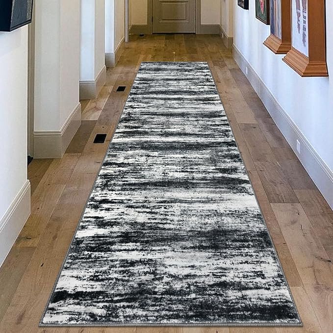 KOZYFLY Modern Abstract Washable Rug Runner 2.6x10 Hallway Rug Runner Non-Slip Soft Kitchen Runner Rugs, Black Navy Blue Grey Striped Carpet for Entryway Bathroom Laundry Room Foyer