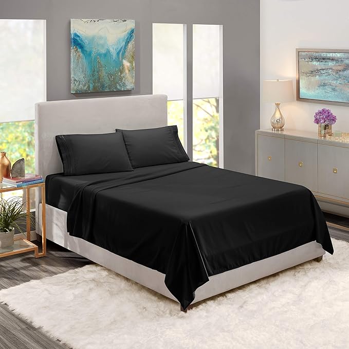 Nestl Short Queen Sheet Set - 1800 Ultra-Soft Microfiber - Double Brushed - Deep Pockets - Easy Fit - 4 Piece Set - Bed Sheets (Short Queen, Black)