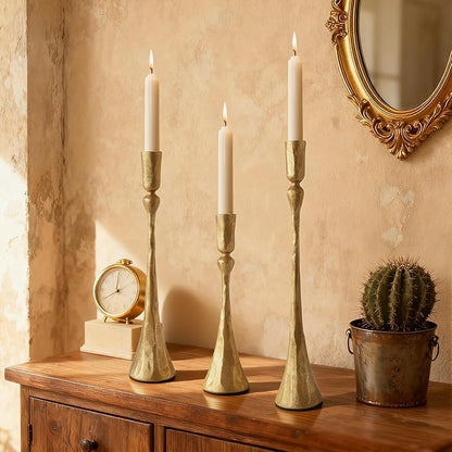 Vintage Gold Taper Candle Holders Set of 3 Cast Iron Antique Brass Decorative Candlestick Holder for Wedding Dining Table Party Rustic Home Decor