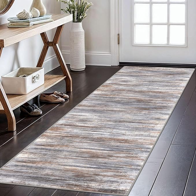 KOZYFLY Modern Abstract Kitchen Runner Rug, 2x6 Washable Rug Runner Non-Slip Soft Striped Hallway Runner Rugs, Grey Brown Print Carpet Runner for Entryway Bathroom Laundry Room Foyer