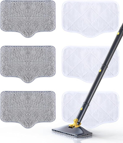 ScrubWiz Steam Mop Pads with Washable and Reusable, 6 Pack Replacement, 2 Material Types Accessories Compatible With Steamer Mop for Cleaning Floors and Carpets, White and Gray