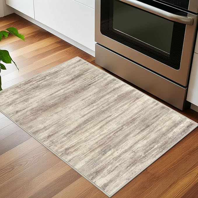 KOZYFLY Modern Abstract Rugs for Entryway 2x3, Washable Kitchen Rug Non-Slip Soft Small Bathroom Rug, Beige Brown Striped Small Area Rugs Print Faux Wool Doormat for Bedside Entrance Bedroom Sink