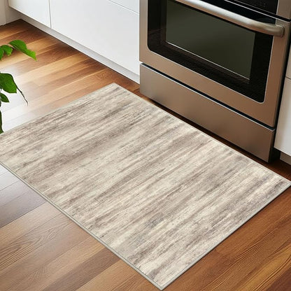 KOZYFLY Modern Abstract Rugs for Entryway 2x3, Washable Kitchen Rug Non-Slip Soft Small Bathroom Rug, Beige Brown Striped Small Area Rugs Print Faux Wool Doormat for Bedside Entrance Bedroom Sink