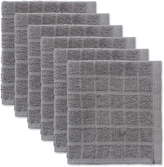 DII Basic Terry Collection Solid Windowpane Dishcloth Set, 12x12, Gray, 6 Piece