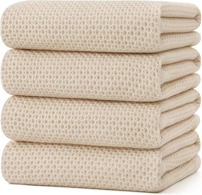 Kitinjoy 100% Cotton Waffle Weave Kitchen Towels, 4-Pack Super Soft and Absorbent Dish Towels for Drying Dishes, Kitchen Hand Towels, 20 in x 28 in, Beige