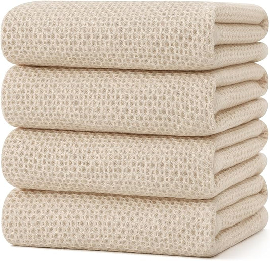 Kitinjoy 100% Cotton Waffle Weave Kitchen Towels, 4-Pack Super Soft and Absorbent Dish Towels for Drying Dishes, Kitchen Hand Towels, 20 in x 28 in, Beige