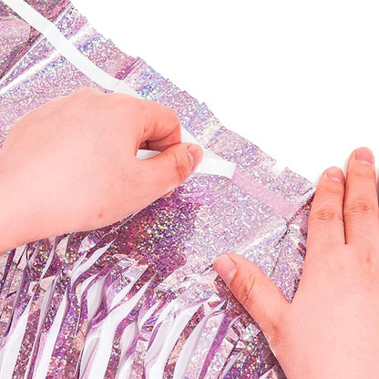 BRAVESHINE 1 Purple 1 Pink Streamers Party Backdrop - 3.2 ft x 8.2 ft Metallic Tinsel Foil Fringe Curtains for Hunters/Christmas/Girl/Women/Birthdays/Engagement/Bridal Shower/Bachelorette Decorations