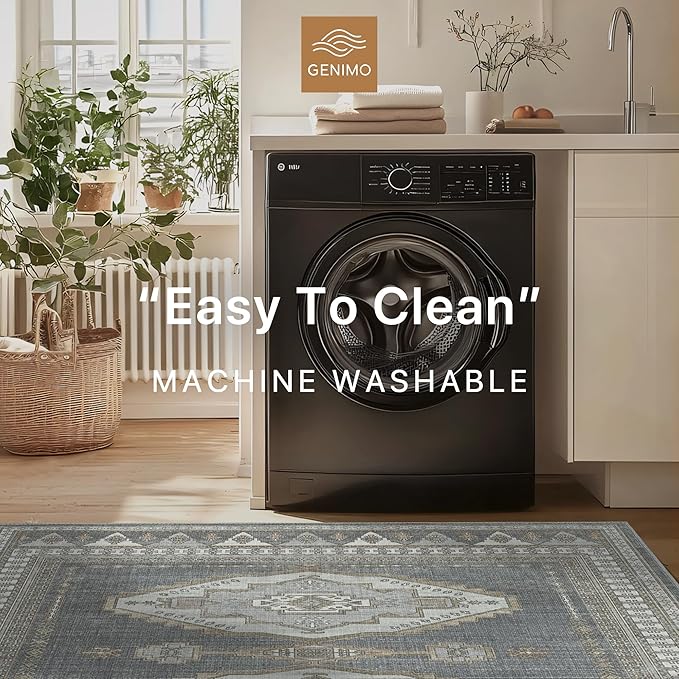 GENIMO Machine Washable 8x10 Area Rugs for Living Room, Non Slip Vintage Rugs, Low Pile Lightweight Chenille Print Rug for Bedroom, Dining Room, Home Office, Gray/Beige
