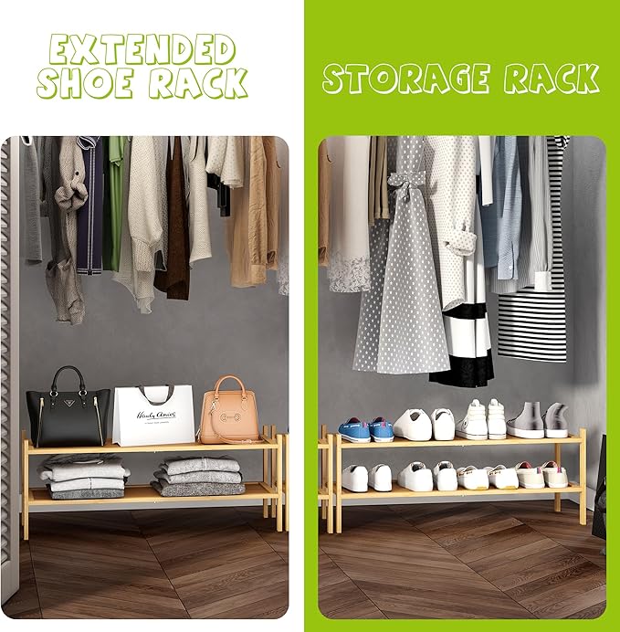BMOSU 2-Tier Bamboo Extended Shoe Rack Premium Stackable Shoe Shelf Storage Organizer for Hallway Closet Living Room Entryway Organizer(Natural)