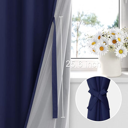 XWZO 100% Blackout Curtains 84 Inches Long with Tiebacks- Narrow Wide Heat Blocking and Soundproof Curtain Panels with Grommets for Short Windows, Navy Blue, W38 x L84, Set of 2