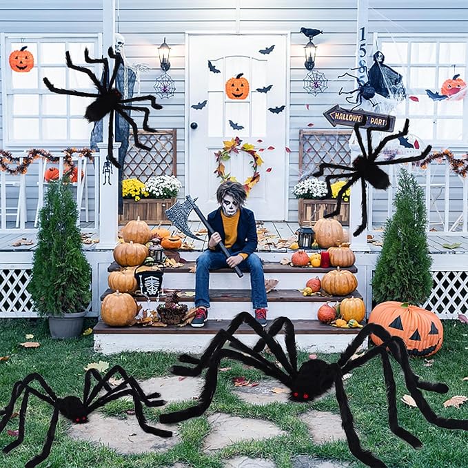 yosager Outdoor Halloween Decorations 4Pcs Realistic Giant Spiders, Huge Hairy Scary Halloween Spider Prop, Black Spooky Spider for Indoor House Outdoor Window Yard Patio Decor (24" 24" 36" 60")