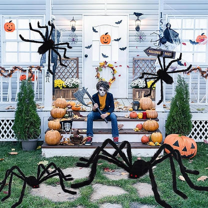 yosager Outdoor Halloween Decorations 4Pcs Realistic Giant Spiders, Huge Hairy Scary Halloween Spider Prop, Black Spooky Spider for Indoor House Outdoor Window Yard Patio Decor (24" 24" 36" 60")