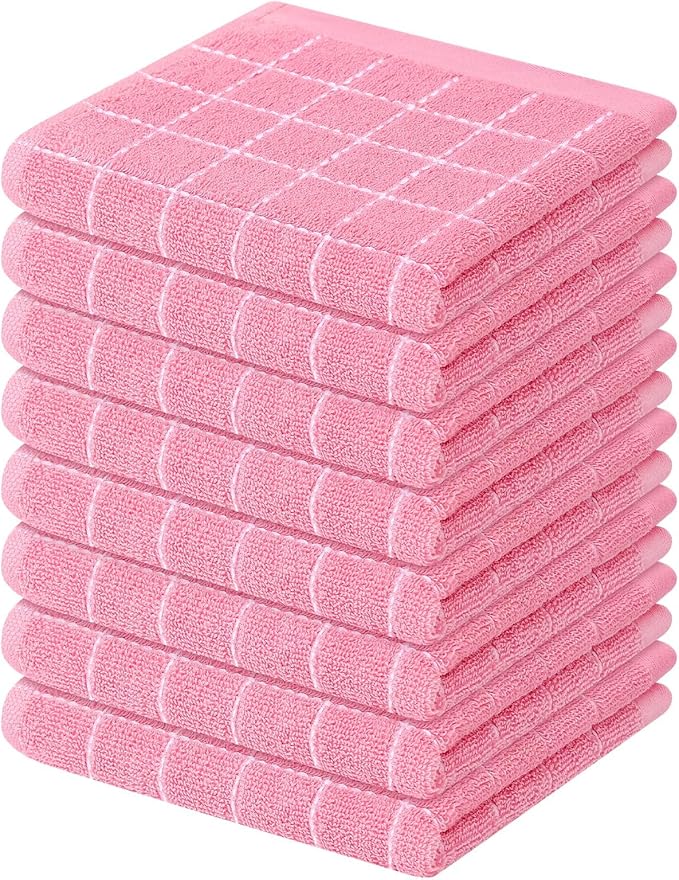 Mordimy 100% Cotton Terry Cloth Dish Cloths, Soft and Absorbent Checkered Dish Towels, Quick Drying Dish Rags for Washing Dishes, 8 Pack, 12 x 12 Inches, Pink