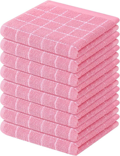 Mordimy 100% Cotton Terry Cloth Dish Cloths, Soft and Absorbent Checkered Dish Towels, Quick Drying Dish Rags for Washing Dishes, 8 Pack, 12 x 12 Inches, Pink