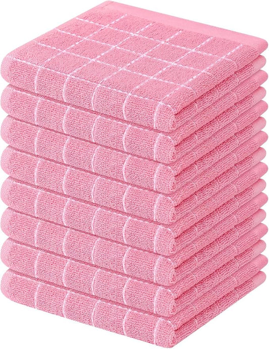 Mordimy 100% Cotton Terry Cloth Dish Cloths, Soft and Absorbent Checkered Dish Towels, Quick Drying Dish Rags for Washing Dishes, 8 Pack, 12 x 12 Inches, Pink