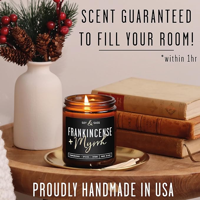 Frankincense and Myrrh Candle, Christmas Candles Scented - w/Spices, Frankincense & Myrrh - Infused with Essential Oils I Frankincense Candle I 9oz, 50Hr, Made in USA
