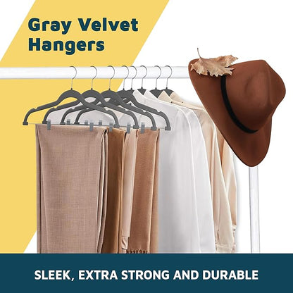 Velvet Skirt Hangers – with Adjustable Clips, 360 Degree Swivel Hook, and Non-Slip Shoulder Notch, Holds Up to 10 lbs, for Organizing Skirt, Pants, Dress, and Clothes, Pack of 50, Gray