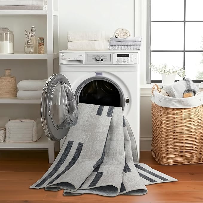 ReaLife Rugs Machine Washable Area Rug Runner - Living Room Bedroom Bathroom Kitchen Entryway Office -Non-Slip Baking Low Pile Stain Resistant Premium - Modern Geometric - Loki-Beige & Black 2'6" x 8'