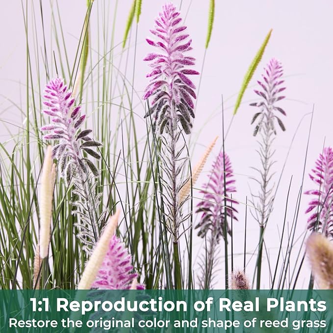4ft 2-Pack Horsetail Reed Grass with Purple Cockscomb Flower, 48in Tall Indoor Outdoor Green Onions Fake Plants in Pot, Home Office Decorative Artificial Plant & Greenery, Wedding Décor