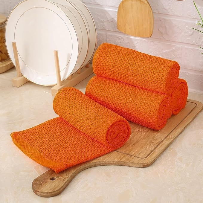 Kitinjoy 100% Cotton Waffle Weave Kitchen Towels, 6-Pack Super Soft and Absorbent Dish Towels for Drying Dishes, Kitchen Hand Towels, 13 in x 28 in, Orange
