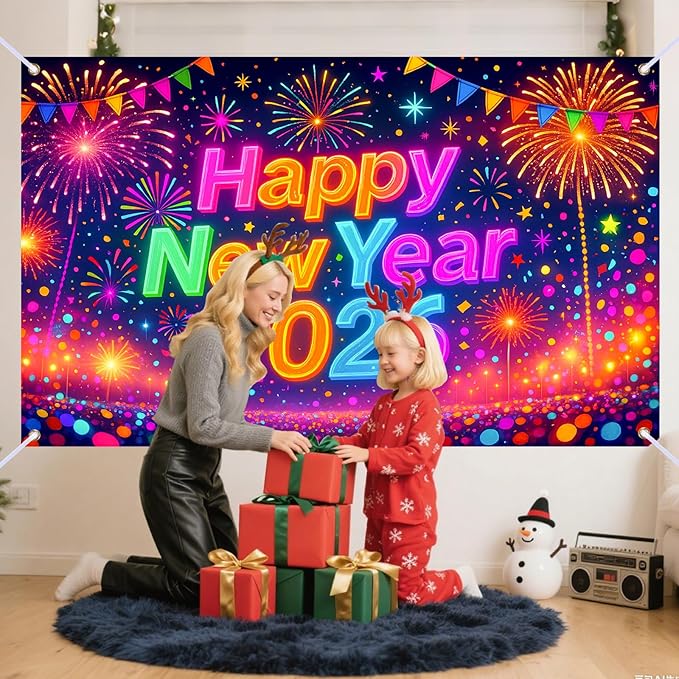 Nuxovilar Happy New Year 2026 Banner, Colorful Backdrop for Party Decorations, 71x43 Inch