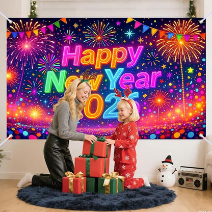 Nuxovilar Happy New Year 2026 Banner, Colorful Backdrop for Party Decorations, 71x43 Inch