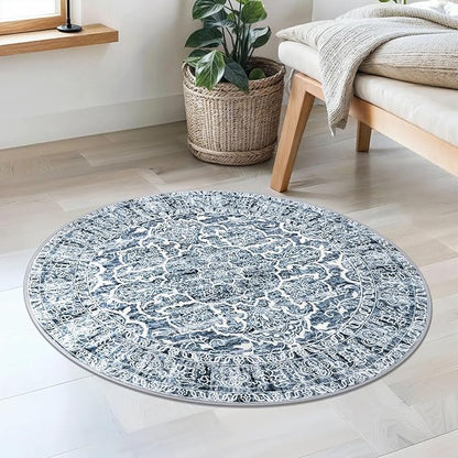 KUTA Vintage Round Rug 3ft, Washable Boho Indoor Circle Small Area Rugs, Blue White Non-Slip Printed Medallion Carpet for Entryway Kitchen Dining Room Table Living Room