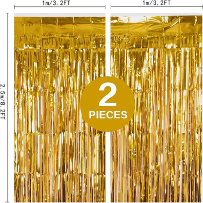 2 Pack Gold Fringe Curtain Backdrop, 3.2Ft x 8.2Ft Metallic Photo Booth Backdrop Tinsel Door Curtains for Birthday Baby Shower Anniversary Christmas New Year Eve Bachelorette Party Decorations