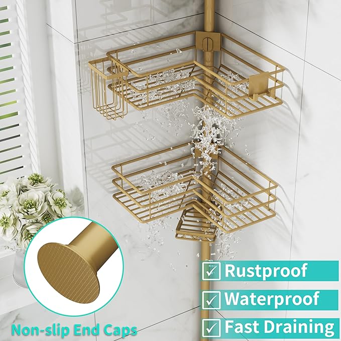 HapiRm Corner Shower Caddy Organizer - Shower Organizer Corner with Soap Holder, Toothbrush Holder and 4 Hooks, Rustproof Bathroom Shelf Tension Pole Available for 27.6 to 108.3 Inch - Gold