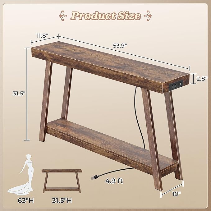 Huuger Console Table with Charging Station, USB-C Port, 2 Tiers Entryway Table, 53.9 Inch Sofa Table with Metal Legs, Entry Hallway Table with Thicker Desktop, Modern Behind Couch Table, Rustic Brown