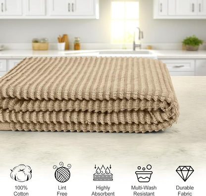 Homaxy Premium Kitchen Towels (18"x 28", 6 Pack), Large 100% Cotton Kitchen Hand Towels, Ultra Absorbent Ribbed Terry Tea Towels Set with Hanging Loop, Khaki